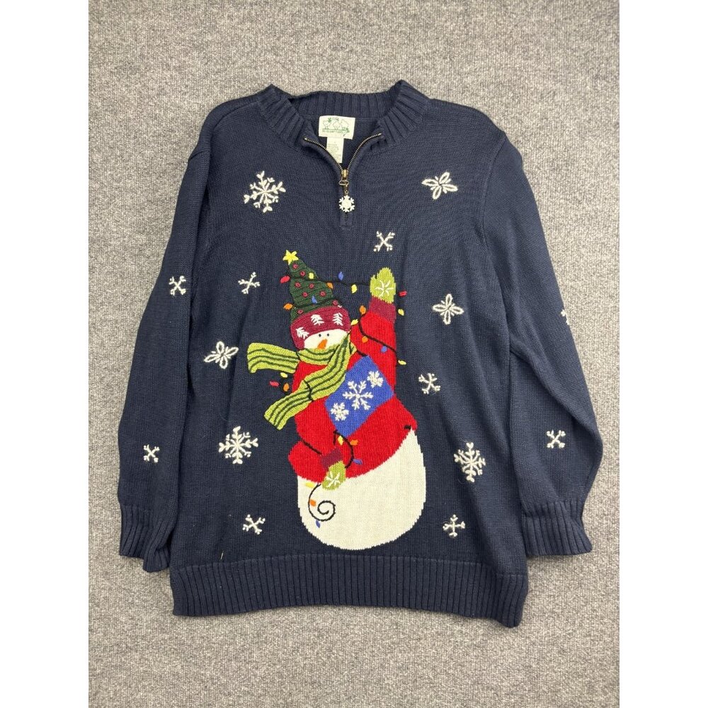 The Quacker Factory Sweater Womens Large Navy Quarter Zip Snowman Christmas Ugly